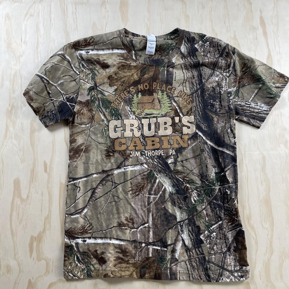 Y2K Grub's Cabin Jim Thorpe PA Shirt Mens Medium Brown Camo Tee T-Shirt Code V